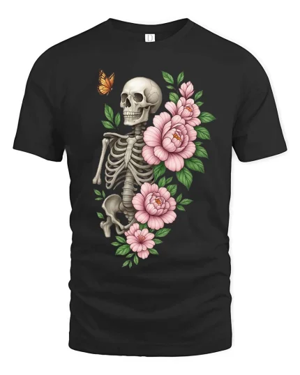 Skull and Flowers Butterfly Dark Aesthetic Graphic Tee - black t-shirt on white background
