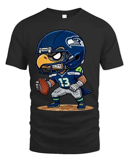 Fierce Eagle Football Player Cartoon Graphic T Shirt - black t-shirt on white background