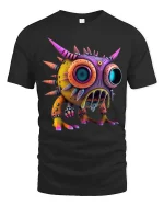 Colorful Spiky Monster Big Eyes Cartoon Graphic T Shirt - black t-shirt on white background
