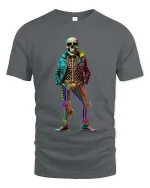 Trendy Skeleton Neon Outfit Streetwear Graphic Tshirt - gray t-shirt on white background