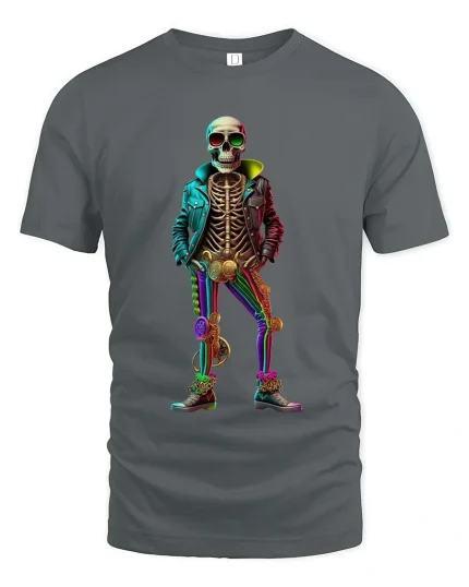 Trendy Skeleton Neon Outfit Streetwear Graphic Tshirt - gray t-shirt on white background