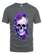 Gothic Skull Purple Roses Dark Floral Art Graphic Tshirt - gray t-shirt on white background