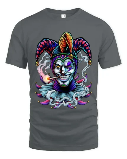 Wicked Joker Jester Smoking Graphic Dark Humor T Shirt - gray t-shirt on white background