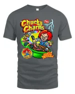 Evil Doll Cereal Parody Dark Humor Graphic T Shirt - gray t-shirt on white background