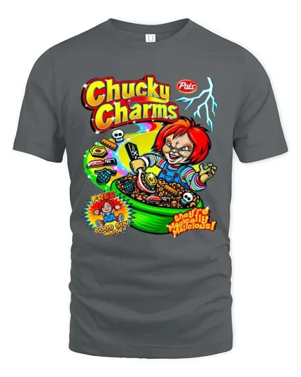 Evil Doll Cereal Parody Dark Humor Graphic T Shirt - gray t-shirt on white background