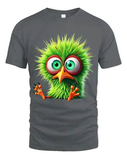 Funny Green Bird Big Eyes Cute Cartoon Graphic T Shirt - gray t-shirt on white background
