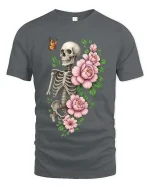 Skull and Flowers Butterfly Dark Aesthetic Graphic Tee - gray t-shirt on white background