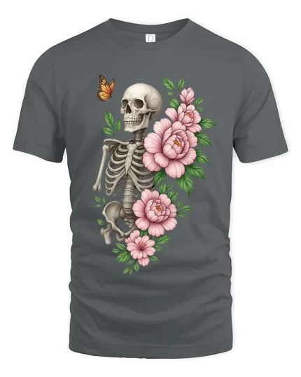 Skull and Flowers Butterfly Dark Aesthetic Graphic Tee - gray t-shirt on white background