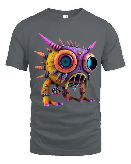 Colorful Spiky Monster Big Eyes Cartoon Graphic T Shirt - gray t-shirt on white background