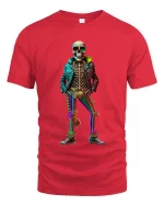 Trendy Skeleton Neon Outfit Streetwear Graphic Tshirt - red t-shirt on white background