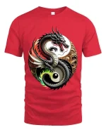 Yin Yang Dragon Balance Symbol Asian Art Graphic T Shirt - red t-shirt on white background