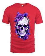 Gothic Skull Purple Roses Dark Floral Art Graphic Tshirt - red t-shirt on white background