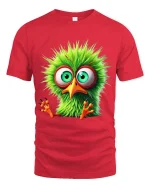 Funny Green Bird Big Eyes Cute Cartoon Graphic T Shirt - red t-shirt on white background