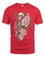 Skull and Flowers Butterfly Dark Aesthetic Graphic Tee - red t-shirt on white background