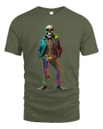 Trendy Skeleton Neon Outfit Streetwear Graphic Tshirt - military green t-shirt on white background