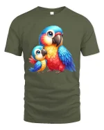 Cute Colorful Parrot Duo Cartoon Animal Graphic T Shirt - military green t-shirt on white background