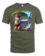 Majestic Lion Alphabet E Safari Art Graphic Tshirt - military green t-shirt on white background