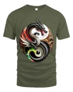 Yin Yang Dragon Balance Symbol Asian Art Graphic T Shirt - military green t-shirt on white background