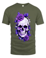 Gothic Skull Purple Roses Dark Floral Art Graphic Tshirt - military green t-shirt on white background