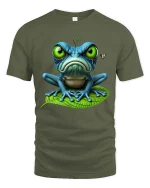 Grumpy Frog Big Eyes Funny Cute Cartoon Graphic T Shirt - military green t-shirt on white background