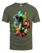 Colorful Cobra Snake Splash Art Bold Graphic T Shirt - military green t-shirt on white background