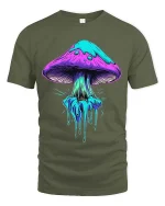 Neon Dripping Mushroom Psychedelic Art Graphic T Shirt - military green t-shirt on white background