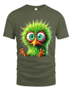 Funny Green Bird Big Eyes Cute Cartoon Graphic T Shirt - military green t-shirt on white background