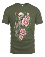 Skull and Flowers Butterfly Dark Aesthetic Graphic Tee - military green t-shirt on white background