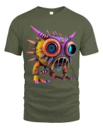 Colorful Spiky Monster Big Eyes Cartoon Graphic T Shirt - military green t-shirt on white background