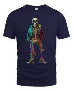 Trendy Skeleton Neon Outfit Streetwear Graphic Tshirt - navy t-shirt on white background