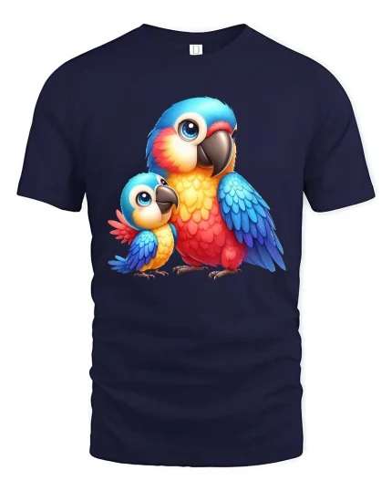 Cute Colorful Parrot Duo Cartoon Animal Graphic T Shirt - navy t-shirt on white background