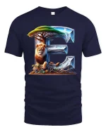 Majestic Lion Alphabet E Safari Art Graphic Tshirt - navy t-shirt on white background