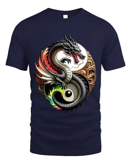 Yin Yang Dragon Balance Symbol Asian Art Graphic T Shirt - navy t-shirt on white background