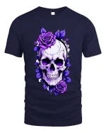 Gothic Skull Purple Roses Dark Floral Art Graphic Tshirt - navy t-shirt on white background