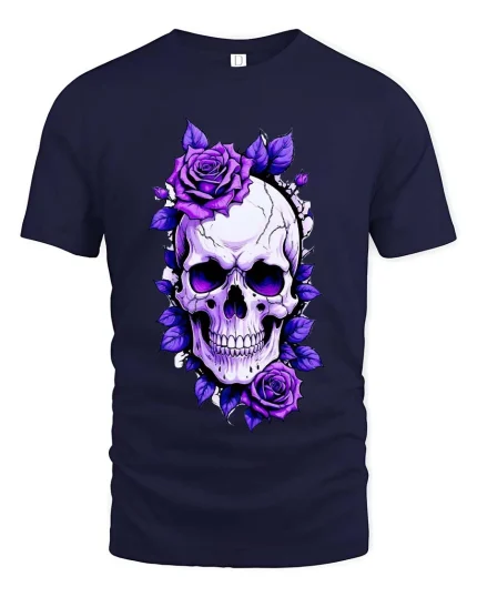 Gothic Skull Purple Roses Dark Floral Art Graphic Tshirt - navy t-shirt on white background