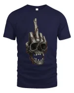 Edgy Skull Middle Finger Dark Humor Graphic Tshirt - navy t-shirt on white background
