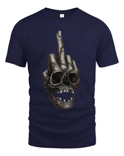 Edgy Skull Middle Finger Dark Humor Graphic Tshirt - navy t-shirt on white background