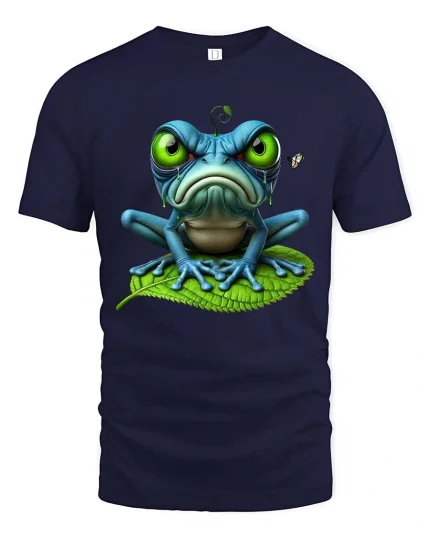 Grumpy Frog Big Eyes Funny Cute Cartoon Graphic T Shirt - navy t-shirt on white background