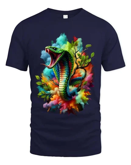Colorful Cobra Snake Splash Art Bold Graphic T Shirt - navy t-shirt on white background
