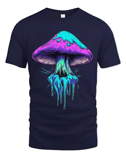 Neon Dripping Mushroom Psychedelic Art Graphic T Shirt - navy t-shirt on white background