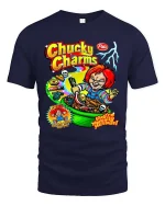 Evil Doll Cereal Parody Dark Humor Graphic T Shirt - navy t-shirt on white background