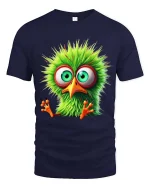 Funny Green Bird Big Eyes Cute Cartoon Graphic T Shirt - navy t-shirt on white background