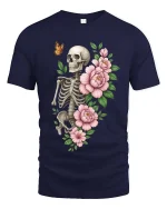 Skull and Flowers Butterfly Dark Aesthetic Graphic Tee - navy t-shirt on white background
