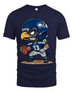 Fierce Eagle Football Player Cartoon Graphic T Shirt - navy t-shirt on white background