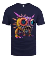 Colorful Spiky Monster Big Eyes Cartoon Graphic T Shirt - navy t-shirt on white background