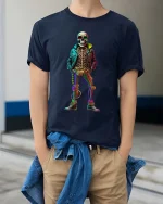 Trendy Skeleton Neon Outfit Streetwear Graphic Tshirt - model wearing navy tee with hands in pockets