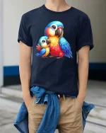 Cute Colorful Parrot Duo Cartoon Animal Graphic T Shirt - model wearing navy tee with hands in pockets