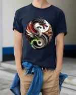 Yin Yang Dragon Balance Symbol Asian Art Graphic T Shirt - model wearing navy tee with hands in pockets