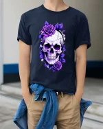 Gothic Skull Purple Roses Dark Floral Art Graphic Tshirt - model wearing navy tee with hands in pockets