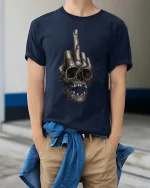 Edgy Skull Middle Finger Dark Humor Graphic Tshirt - model wearing navy tee with hands in pockets